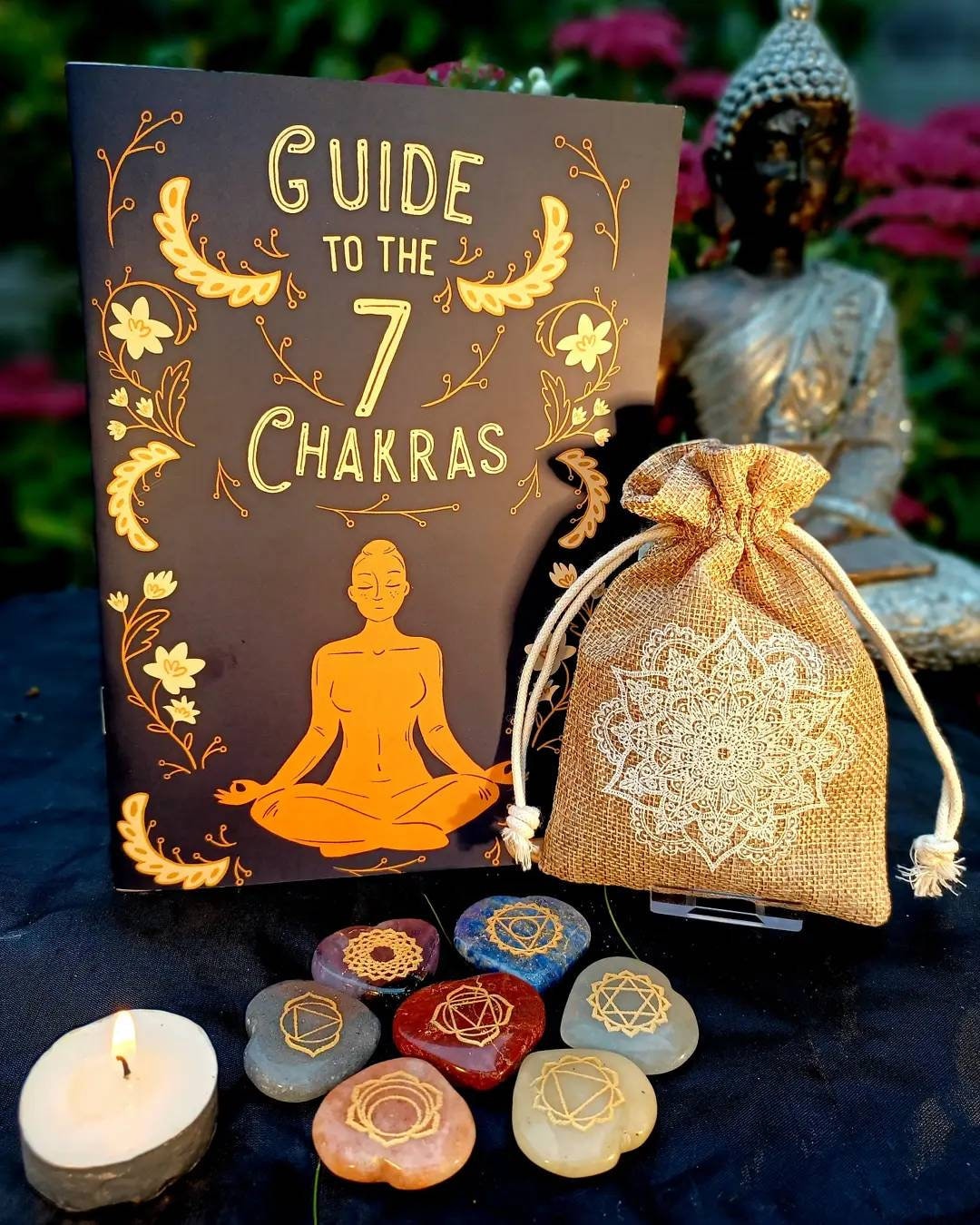 7 chakra stones set stone Guide and bag , hand carved, heart/ oval shaped